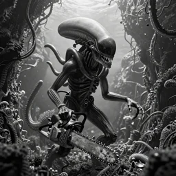 xenomorph greeting ocean divers emerging from the walls of a sunken tunnel rotting, helmet, beksinski, bruehgel, black and white, chainsaw, teeth, vines, detailed background, photograph, masterpiece, alien bifurcated hydromedusa gel shell