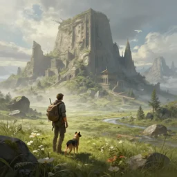 a postapocalyptic landscape with alone traveler and dog, fantasy, intricate, elegant, highly detailed, lifelike, photorealistic, digital painting, artstation, illustration, concept art, smooth, sharp focus, naturalism, trending on byron's - muse, by greg rutkowski and greg staples