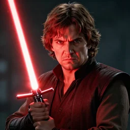 a portrait of anakin skywalker looking angrily into the camera wielding a red lightsaber, detailed, cinematic, raytracing, realistic, detailed, cinematic, raytracing, realistic