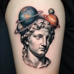 planets on the top of a broken renaissance head statue, realism tattoo design, in the style of matteo pasqualin