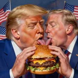 !! donald trump!! licking a! cheeseburger! at a rally with american flags, deep focus, fantasy, intricate, highly detailed, digital painting, artstation, concept art, matte, sharp focus, illustration, hearthstone, art by artgerm and greg rutkowski and alphonse mucha,! hamburger!