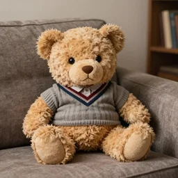 a teddy bear getting up off the couch while staring at you creepy!!!!!! wearing a sweater vest, 4 k photo