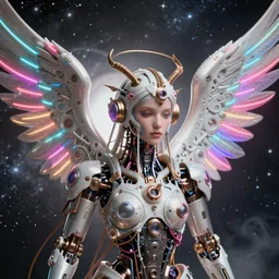 a beautiful intricate fine art portrait photo of a a mechanical industrial steampunk cybernetic angel with neon wings against galactic space, soft backlight, by tom bagshaw and zach sutton, perfection!, milk bath photography, studio lighting, 3 5 mm lens, very detailed, well defined face, bionic, cybernetic scifi, deep depth of field, artstation, 8 k, highly coherent