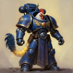 painting of chicken and cloaked tech priest hybrid, adeptus mechanicus!!!, cybernetic enhancements attached to his body, praise the omnissaiah, zdzislaw beksinski, lewis jones, mattias adolfsson, warhammer 4 0 k!!, cold hue's, warm tone gradient background, concept art, digital painting