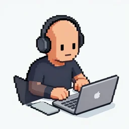 a bald hipster with headphones and a laptop, isometric pixelart, pixel