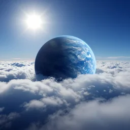 blue ocean planet in the clouds, cinematic angle, cinematic lighting, blue sky, sun in the sky, by Syd Mead, John Harris, Federico Pelat