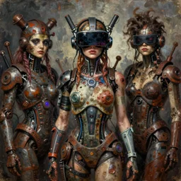 junky women with cybertronic gadgets and vr helmet, durty colours, rotten textures, rusty shapes, biotechnology, tim hildebrandt, wayne barlowe, bruce pennington, donato giancola, larry elmore, oil on canvas, masterpiece, trending on artstation, featured on pixiv, cinematic composition, hyper - detailed, hd, hdr, 4 k, 8 k