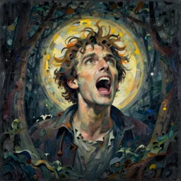 A beautiful mixed media art of a man's head is floating in the air, surrounded by a halo of light. His eyes are wide open and his mouth is gaping in a scream. His hair is wild and his clothes are in tatters. Behind him is a dark, ominous forest. Google by Yves Tanguy romantic