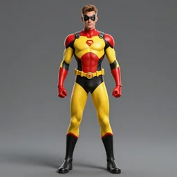 a full body superhero concept he is wearing a yellow, red and black suit, concept art, trending on artstation, very detailed,