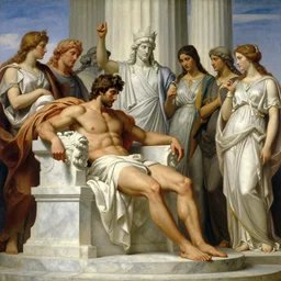 hercules watches achilles while they wait in line to worship at zeus'feet, throne of olympus, heavenly marble, gods and goddesses in elegant clothes, painting by gaston bussiere, craig mullins, j. c. leyendecker, tom of finland