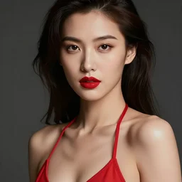 , red lipstick, bikini photoshoot, professional background, face and upper body focus