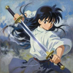classical oil painting of an anime sword, wind, energy, fantasy, trending on artstation, stylistic, brush strokes, oil, canvas, beautiful portrait, by kawacy and makoto shinkai, anime portrait, official anime artwork