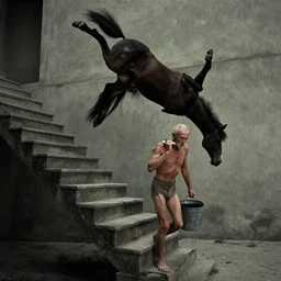 movie still by tarkovsky of an skinny old man carrying a bucket with a horse on an inversed stair by escher, cinestill 8 0 0 t 3 5 mm eastmancolor, heavy grain, high quality, noir, natural textures, photorealistic, ambient occlusion, hd, ultra wide lens, anamorphic