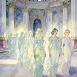 a procession of glassy women in an abandoned soviet temple, watercolor by ivan biblin, by hammershøi, art noveau, highly detailed, lights by edward hopper, liminal, eerie, bright pastel colors