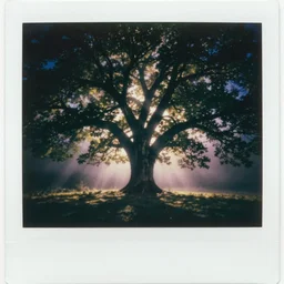 impossibly large tree in a forest clearing reaching into the fog, night, old polaroid, expired film, megalophobia,