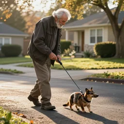 Old man walking his platypus on a residential street