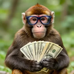 monkey wearing a Cool glasses and holding a lot of dollars