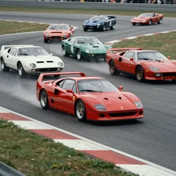 vintage archival race footage of a single 1985 Ferrari F40, with elements of the De Tomaso Pantera, Lotus, GT40, BMW M1, and Countach, movie still, speed, cinematic Panavision 5384 film