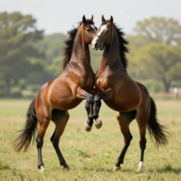 two horses hugging each other with their hoofs around each other, standing on their hind legs