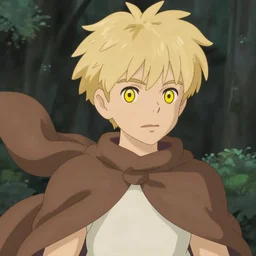 blonde boy with yellow eyes wearing a brown cape in the style of studio ghibli, anime, artgerm