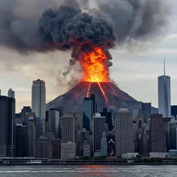 volcano erupting in the middle of manhattan,