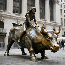 The Wall Street Fearless Girl bronze sculpture riding the Wall Street Bull, natural lights, award winning photography
