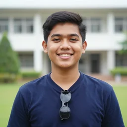 young filipino man, smiling, portrait mode photo, dark blue shirt, sunglasses hanging from shirt, university in background