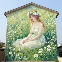 a huge outdoor wall mural taking up the entire side of a building. it shows a fairy sitting in a field of white flowers. wearing a flower crown. stunning wall mural painting by by artgerm and greg rutkowski and alphonse mucha