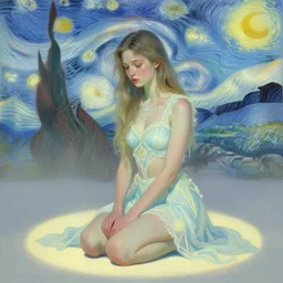 portrait of a beautiful girl, kneeling, sad, burning man festival, intimate, pastel shades of light blue and light yellow, beautiful face, rule of thirds, intricate outfit, spotlight, by greg rutkowski, by jeremy mann, by francoise nielly, by van gogh, digital painting