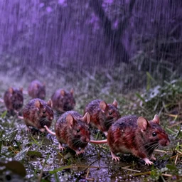 a family of rats scurrying across a drenched field in a torrential rainstorm, in the style of andrei tarkovsky, intricate and epic composition, red by caravaggio, insanely quality, highly detailed, masterpiece, purple light, artstation, 4 k