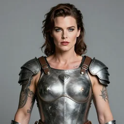 portrait of halston sage as a tattooed armored wanderer pinup, wearing scratched and ripped leather shorts, wearing an aviator jacket, character sheet, fine details, concept design, contrast, kim jung gi, greg rutkowski, trending on artstation, 8 k, full body, turnaround, front view, back view, ultra wide angle