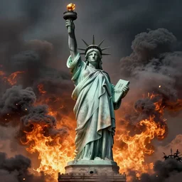 a statue of liberty surrounded by fire and smoke, concept art by kamal ud - din behzad, featured on deviantart, unilalianism, hellish, reimagined by industrial light and magic, lovecraftian