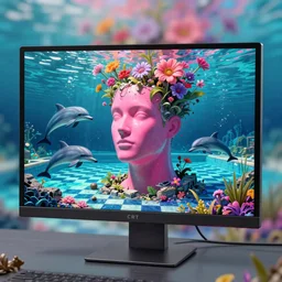 crt monitor, sunken ruins of a pink mannequin head, tim hildebrandt, trending on artstation, highly detailed, vaporwave surreal ocean, dolphins, pool, checkerboard pattern underwater, cuastics, award winning masterpiece with incredible details, artstation, a surreal vaporwave vaporwave painting by thomas cole, flowers growing out of its head, sinking underwater, highly detailed