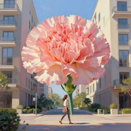 giant carnation flower head, woman walking in between luxury apartments, surreal photography, sunlight, impressionist painting, digital painting, artstation, simon stalenhag
