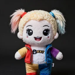an happy lady gaga in harley quinn pupyplush doll, background dark, portrait, 8k
