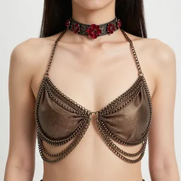 fantasy choker dress made of bronze chains of patterned details and chains of the choker dress type. with ruby flowers. realistic. very clear details. a beautiful girl.