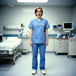 emma watson, nurse scrubs, hospital, portrait, mouth open, full body, award winning, kodak ektachrome expired blue tint,