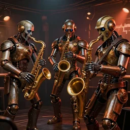 3 steampunk robot jazz musicians playing at a night club, focus on the musicians, cinematic lighting, exaggerated detailed, unreal engine, octane render, trending on artstation, art by greg rutkowski and andreas rocha