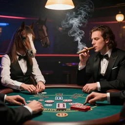 Mafia horses smoking a cigar, playing blackjack in a nightclub