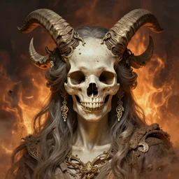 stunning photography of a goddess of skull portrait, horns, bones skull, dirt, fire background fantasy, intricate, elegant, highly detailed, digital painting, artstation, concept art, smooth, sharp focus, illustration, art by afshar petros and krenz cushart and artem demura