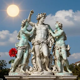 tilt shift, prismatic, italian masterpieces, sculptures, baroque, beautiful, gracious, pagans, clouds, sun, fruits, sculptures, bioluminescent skin, red flowers, ultra detailed