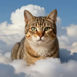, by (Ross Tran, Norman Rockwell, Leonardo da Vinci), beautiful clouds, whole cat body, strong facial features, Trending on Artstation