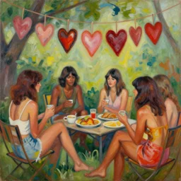 social encounters, depictions of the scene and free love hangs - al fresco, postmodern painting, summer of love, hearts, sensuous, abstracted, highly detailed,