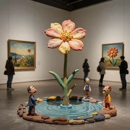 plasticine sculpture stop motion. salvador dali clay models. gallery paintings of flower. visitors. water on floor. visitors. room with a small hole in wall. john craxton. high detail. photorealistic