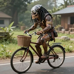 a monster from predator riding in the basket on the bicycle from et