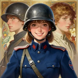 symmetry!! portrait of a smiling optimistic girl wwi soldier wearing blue uniform and metallic helmet, anime!!!!, highly detailed, dynamic lighting, digital art, digital painting, artstation, wlop, sharp focus, illustration, art by artgerm and greg rutkowski and alphonse mucha, 8 k