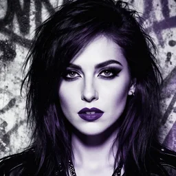 highly detailed closeup portrait of beautiful carly chaikin as darlene alderson, moody punk style, by atey ghailan, by greg rutkowski, by greg tocchini, by james gilleard, by joe fenton, by kaethe butcher, gradient purple, black and white color scheme, grunge aesthetic!!! ( ( graffiti tag wall background ) )