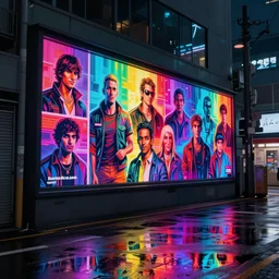 a cyberpunk window led billboard along a small back street in future tokyo at night, reflections on wet ground by sachin teng and pascal blanche and alphonse mucha and nekro and josan gonzalez and rhads and ruan jia. in style of digital art. colorful comic, film noirs, symmetry, vibrating colors, hyper detailed. octane render, artstation