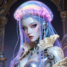 closeup portrait of an absurdly beautiful, graceful, sophisticated, fashionable cyberpunk mechanoid gravure idol, ultrafine hyperdetailed illustration by irakli nadar, matt wisniewski style, marvel comics, intricate linework, porcelain skin, neon jellyfish headdress, ivory carved ruff, unreal engine 5 highly rendered, global illumination, radiant light, detailed and intricate environment