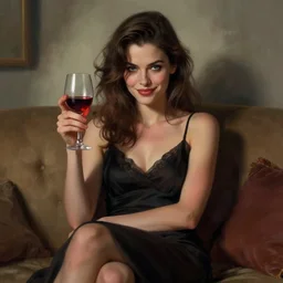 an insanely detailed portrait of a beautiful woman sitting facing you on the couch, she holds a glass of wine and a seductive smile, in the style of peter mohrbacher, artgerm, dramatic lighting and composition, octane render, trending on artstation, concept art 8 k